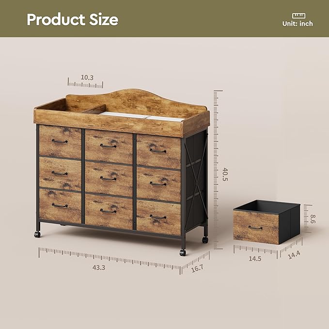 Baby Changing Table with 9 Fabric Drawers, Waterproof Diaper Changing Station & Pad, Mobile Nursery Diaper Changing Table, Baby Furniture, Bedroom, Rustic Brown