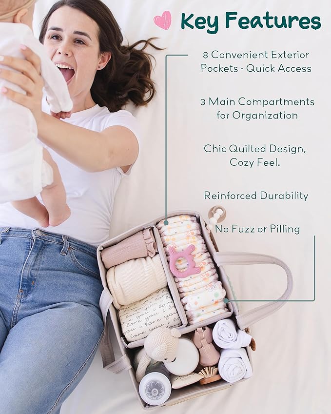 Lily Miles Baby Diaper Caddy Organizer, Quilted Nursery Storage Organizer for Newborn Essentials and Diaper Changing Station, Gift for Baby Shower and Registry Must-Have (Soft Sand)