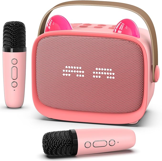 Mini Karaoke Machine Toys Gifts,Kids Portable MP3 Player with 2 Wireless Microphone and LED,Christmas Birthday Gifts for Girls Boys 3 4 5 6 7 8+ Year Old (Pink)