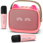 Mini Karaoke Machine Toys Gifts,Kids Portable MP3 Player with 2 Wireless Microphone and LED,Christmas Birthday Gifts for Girls Boys 3 4 5 6 7 8+ Year Old (Pink)