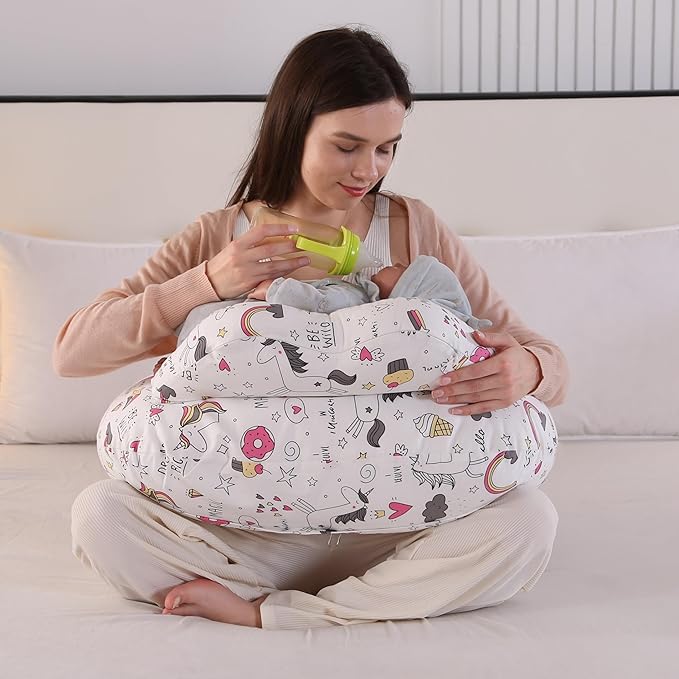 Nursing Pillow for Breastfeeding,Ergonomic Baby Feeding Pillows with Removable Washable Cotton Slipcover, Adjustable Waist Strap,Plus Size,More Support for Mom and Baby(Unicorn)