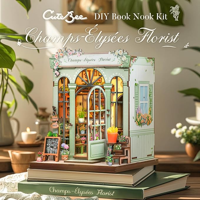 CUTEBEE Book Nook Kit - DIY Miniature House Dollhouse Kit for Adults and Teens, Booknook Tiny House Bookshelf Decor 3D Wooden Puzzle, Gifts for Family, Friends (Champs-Élysées Florist)