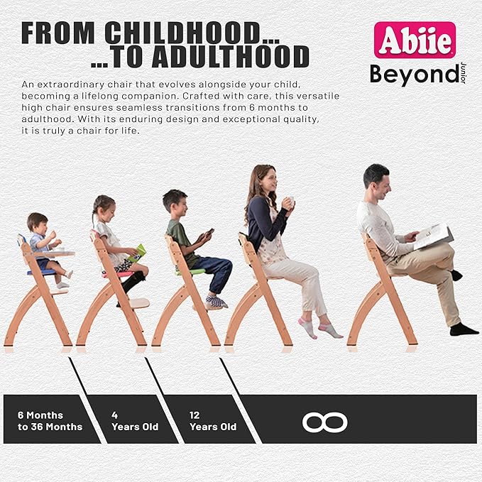 Abiie Beyond Junior Wooden High Chair with Tray - Adjustable and Convertible High Chair for Babies and Toddlers - 6 Months to 250 Lb - Water Resistant - Natural Wood with Beige Cushion