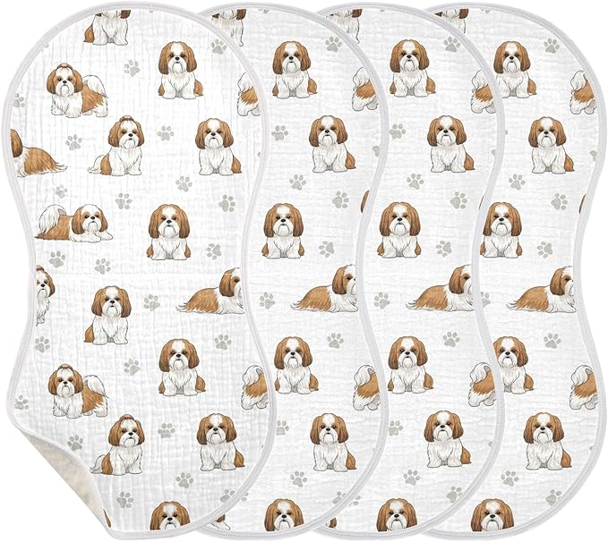 4 Pack Muslin Burp Cloths Shih Tzu Dogs White Cotton Baby Burp Cloths Absorbent Soft Burping Cloth Washcloths for Newborn Boys Girls 22x11 Inch