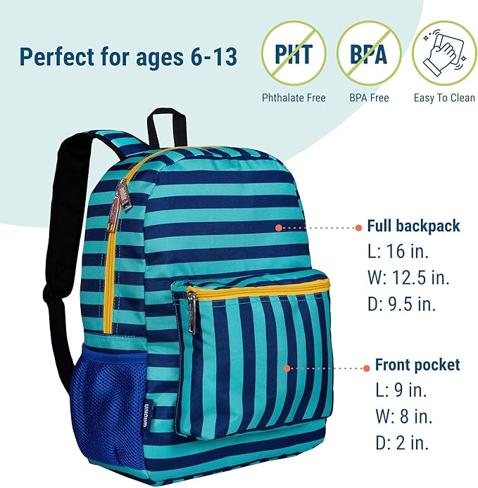 Wildkin 16-inch Kids Backpack – Durable, Padded & Spacious School Bag for Boys & Girls - Blue Stripes
