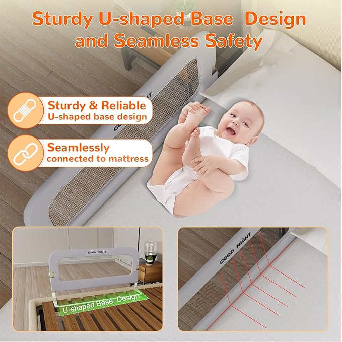 Bed Guard Rail for Toddlers - 32" Adjustable Heights & Folding up Portable Bed Railing for Baby - Toddler Bed Rails Guard for Crib, Twin, Bunk,Full Size, Queen & King Bed(Grey)