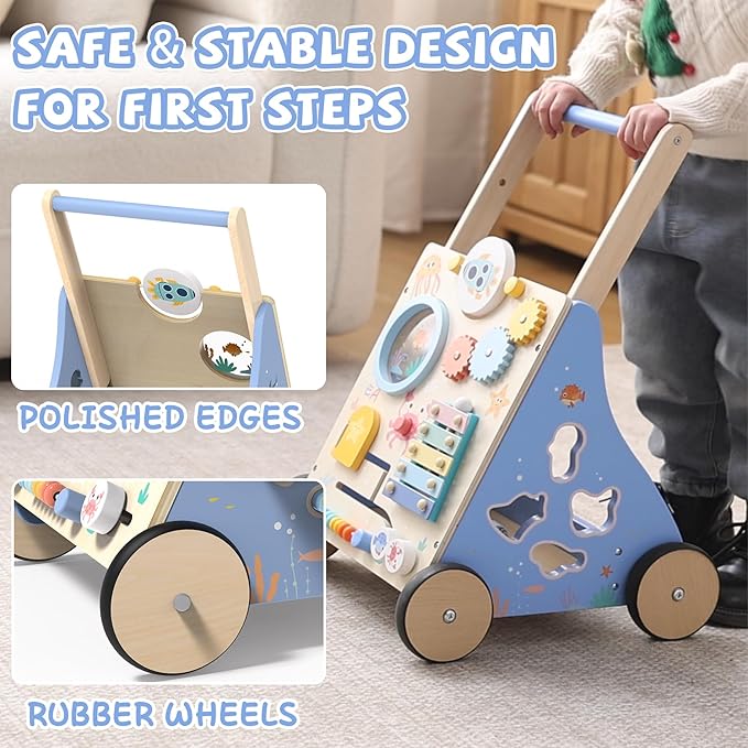 Ocean-Themed Wooden Baby Walker with Activity Center, Montessori Push Walker Toy for Babies 18 Months, Safe First Steps Baby Walking Aid for Boys & Girls