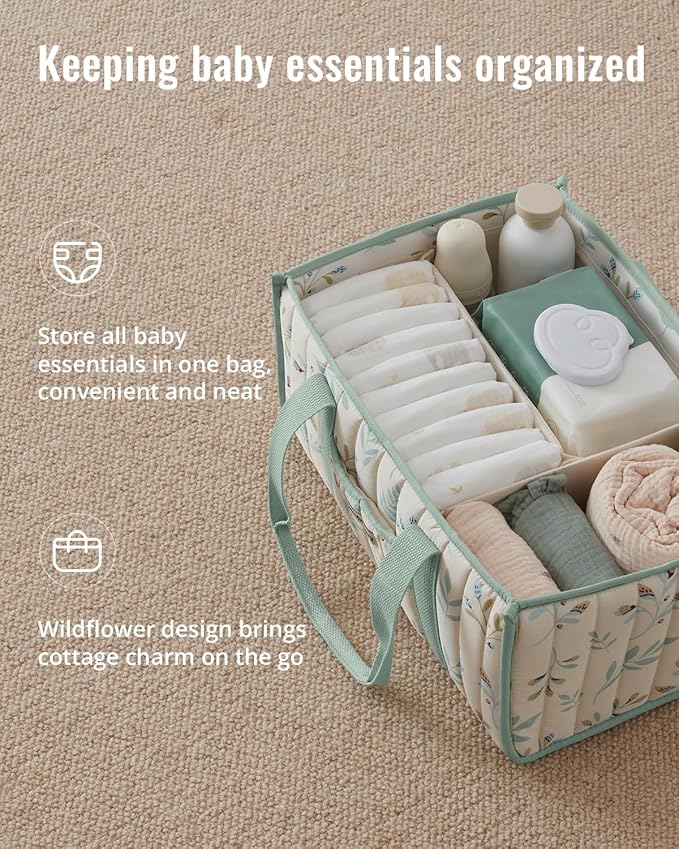 Blissful Diary Leaf Diaper Caddy Organizer, Stylish Nursery Storage Basket, Gift for Baby Shower, Newborn Essentials, Sage Leaf