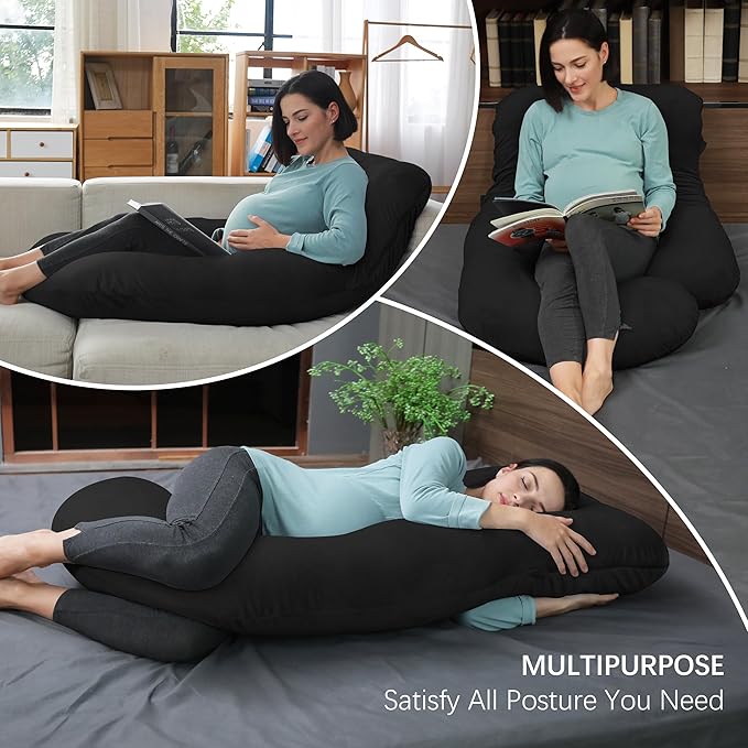 MOON PARK Pregnancy Pillows for Sleeping - U Shaped Full Body Maternity Pillow with Removable Cover - Support for Back, Legs, Belly, HIPS - 65 Inch - Black