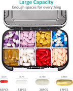 Fullicon Large Pill Organizer with 8 Compartments, Moisture Proof Travel Pill Box with Removable Divider, Daily Pill Container with Lables, Pill Case for Vitamin, Fish Oil, Supplement (Black)