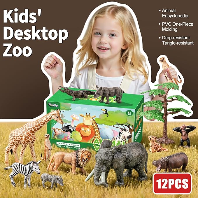 12PCS Realistic Safari Animals Figures Learning Toys Set, Large African Animal Toys, Wild Zoo Animal Toys, Educational Playset Toys for Boys Girls, Birthday Gift for Toddlers Kids