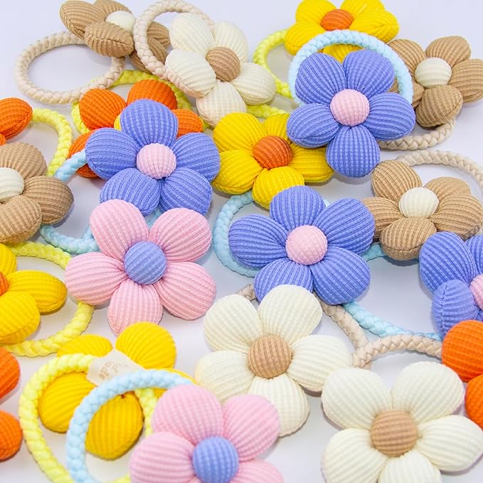 12-Pack Playful Sunflower Hair Ties For Kids Colorful Braided Elastics With 3D Floral Design Girls' Hair Bows (6 Vibrant Color Sets)