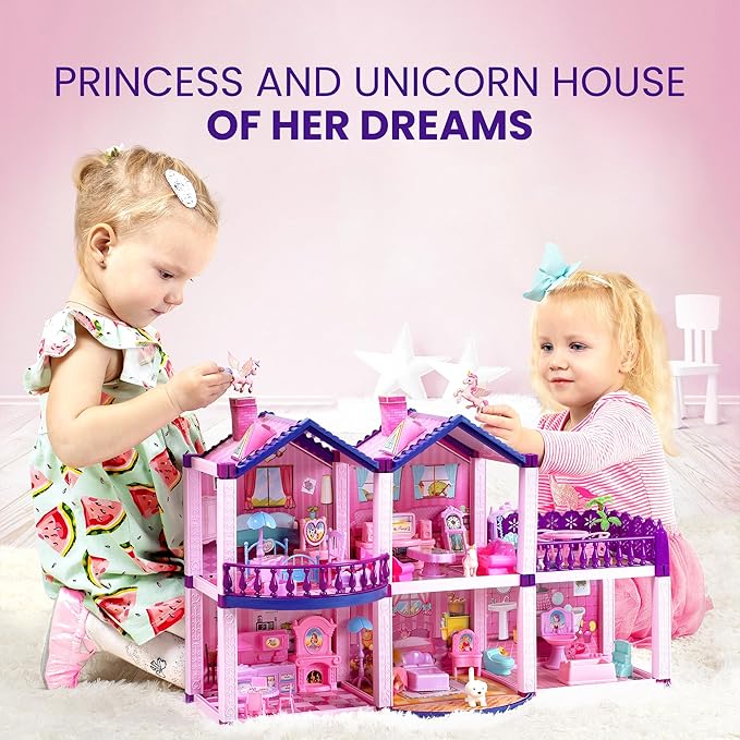 Dollhouse with 4 Princesses, 4 Unicorns, Dog, Furniture and Accessories - Pink and Purple Dream Doll House Toy for Little Girls - 5 Rooms w/Garden, Furniture and Accessories, Gift for Girls Ages 2-7