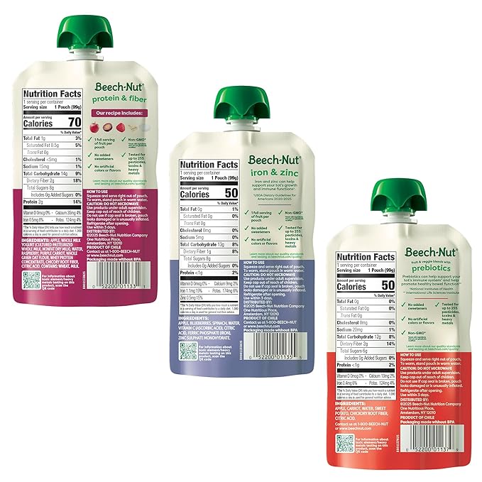 Beech-Nut Baby & Toddler Food Pouches Variety Pack, Protein & Fiber/Iron & Zinc/Prebiotic Fiber Fruit & Veggie Purees, 3.5 oz (18 Pack)