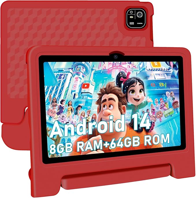 Kids Tablet, 10.1 inch IPS HD Touchscreen Android 14 64 GB Storage, 8GB RAM, Octa Core Tablet for Kid with Kid-Proof Case, Parental Controls, 12-hr Battery, WiFi, GPS – Red