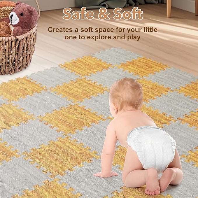 Skyweaver 12 Tiles Soft Non-Toxic Baby Play Mat for Floor EVA Foam Jigsaw Puzzle Play Mat, Interlocking Squares with 0.6inch for Babies, Toddlers & Kids Gym, Nursery, Playroom, Light Brown