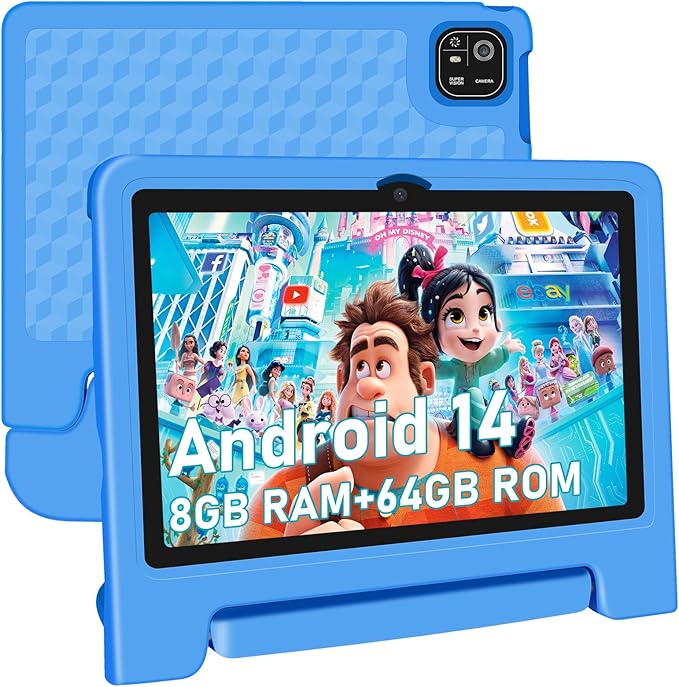 Tablet for Kids, 10.1 inch IPS HD Touchscreen Android 14 64 GB Storage, 8GB RAM, Octa Core Kids Tablet, Parental Controls, 12-hr Battery, WiFi, GPS - Blue