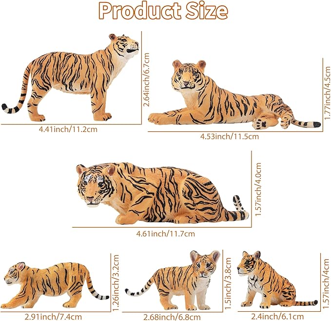 Toymany 6PCS Realistic Tigers Figurines with Tiger Cubs, 2-6" Jungle Animals Figures Family Set, Educational Toy Cake Toppers Christmas Birthday Gift for Kids Toddlers