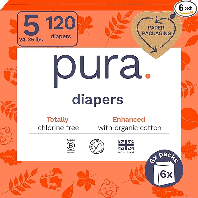 Pura Size 5 Eco-Friendly Diapers (24-35 lbs) Totally Chlorine Free (TCF), Hypoallergenic, Soft Organic Cotton, Sustainable, up to 12 Hours Leak Protection, Allergy UK, 6 Packs of 20 (120 Diapers)
