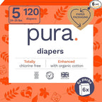 Pura Size 5 Eco-Friendly Diapers (24-35 lbs) Totally Chlorine Free (TCF), Hypoallergenic, Soft Organic Cotton, Sustainable, up to 12 Hours Leak Protection, Allergy UK, 6 Packs of 20 (120 Diapers)