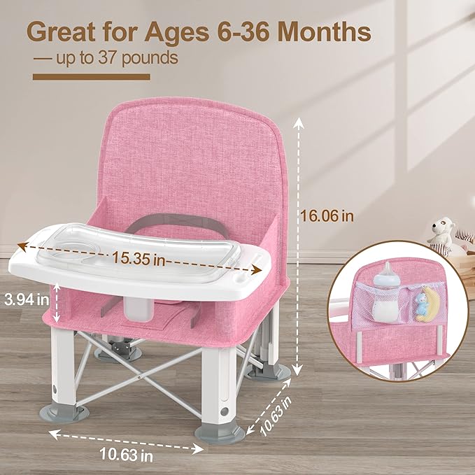 Baby Travel Booster Seat with Double Tray, BabyBond Upgraded Toddler Portable Baby Chair, Booster Seat for Dining Table, Stable and Foldable Booster Baby Chair for Indoor/Outdoor (Pink)