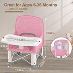 Baby Travel Booster Seat with Double Tray, BabyBond Upgraded Toddler Portable Baby Chair, Booster Seat for Dining Table, Stable and Foldable Booster Baby Chair for Indoor/Outdoor (Pink)