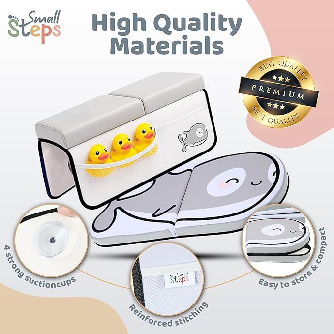 Small Steps Bath Kneeler and Elbow Rest Pad Set – Ergonomic Baby Bath Kneeling Pad with Memory Foam and Non-Slip Design – Orca-Themed Comfort with Handy Pockets for Bathing Babies and Kids