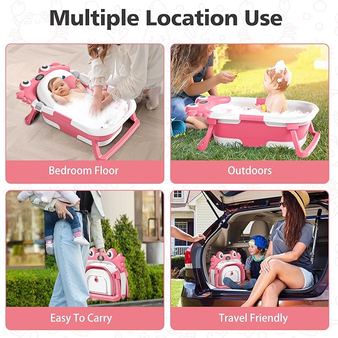 Collapsible Baby Bathtub for Newborns with Thermometer and Soft Floating Cushion Portable and Foldable Travel Baby Girl Bath Tub for Infants to Toddler 0-36 Month (Pink)