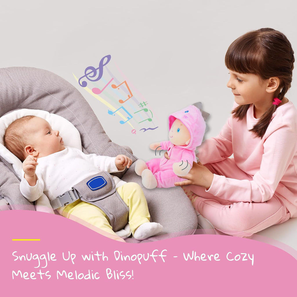 June Garden 12" Musical Sweet Dolly Dinopuff - Interactive Stuffed Ultra Soft Talking Baby Doll for Birth and Up - Removable Pink Dinosaur Outfit