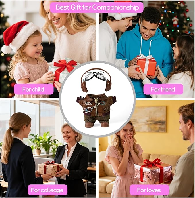 6-Piece 17cm Doll Clothes and Accessories, Retro Style Labu-Clothes-bu with Headphones/Glasses/Leather Jacket/Pants/Shoes/Camera