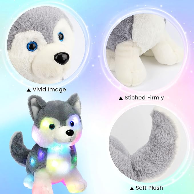 Hopearl LED Plush Husky Lighting Up Stuffed Animal Dog Floppy Puppy Night Lights Glow in The Dark Birthday Festival for Kids Toddlers Boys Girls, Gray, 12''