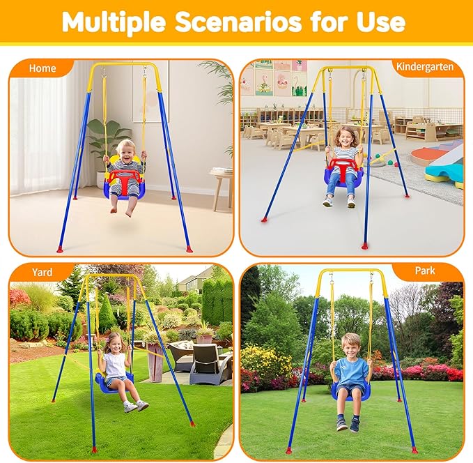 4 in 1 Toddler Swing Set & Baby Jumper, Heavy Duty Kids Swing with Bouncer, Foldable Metal Stand for Indoor & Outdoor, Easy Install & Store (Blue)