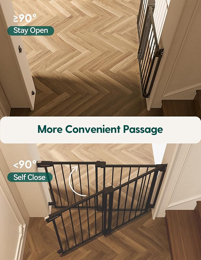 Babelio 29.7-46.5" No Bottom Bar Baby/Dog Gate for Stairs, House and Doorways, Auto Close Safety Pet Gates with Large Walk Thru Door, Hardware Mount, Black