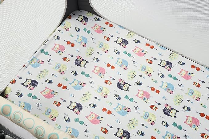 Onacosht Pack n Play Fitted Sheets for Baby Girl 2 Pack Set Soft Jersey Knit Sheets for Mini Crib Mattress and Playard Mattress, Rabbit Floral and Owl Printing