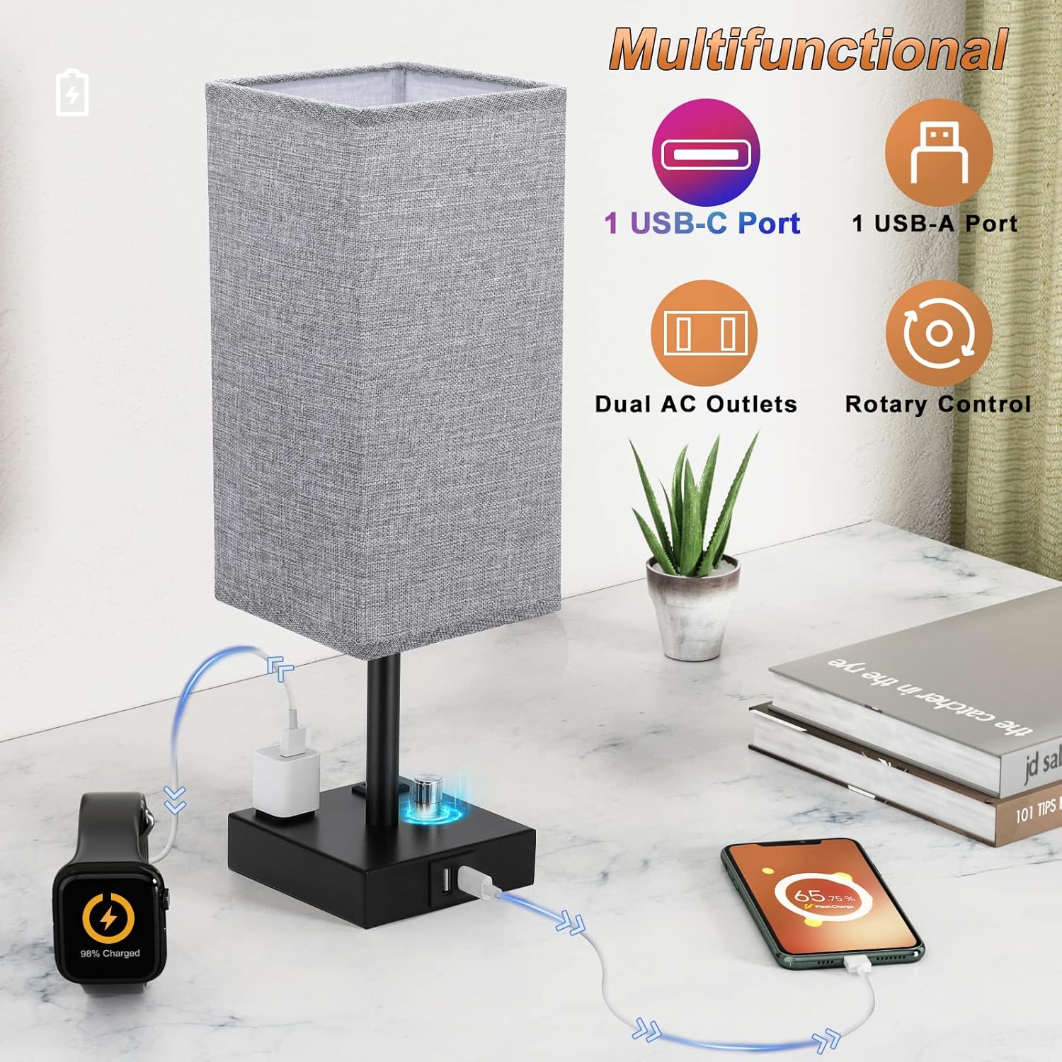 Gray Fully Dimmable Nightstand Lamps Set of 2 - Table Bedside Lamp with USB C+A Charging Ports & 2 AC Outlets, Square Lamp Sets Linen Fabric Shade for Bedroom Living Room(Bulb Included)