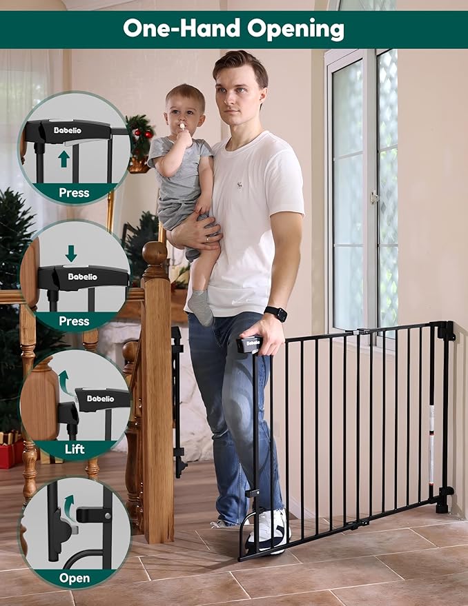 Babelio Easy to Remove & No Bottom Bar Baby Gate, 29-43" Hardware Mounted (Drill Needed)| Wide Walk-Thru| Auto-Close Safety Dog/Pet Gate for Stairs & Doorways (Black, 29-43" W, 30" H)