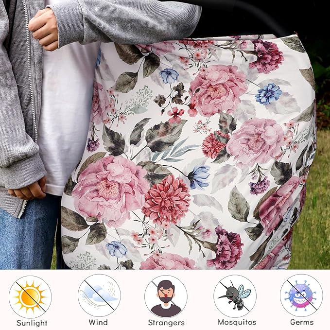Nursing Cover Breastfeeding, Multi-use Baby CarSeat Cover Girls, Infant Stroller Car Seat Cover, Stretchy Carseat Canopy, Soft Breathable, Peony