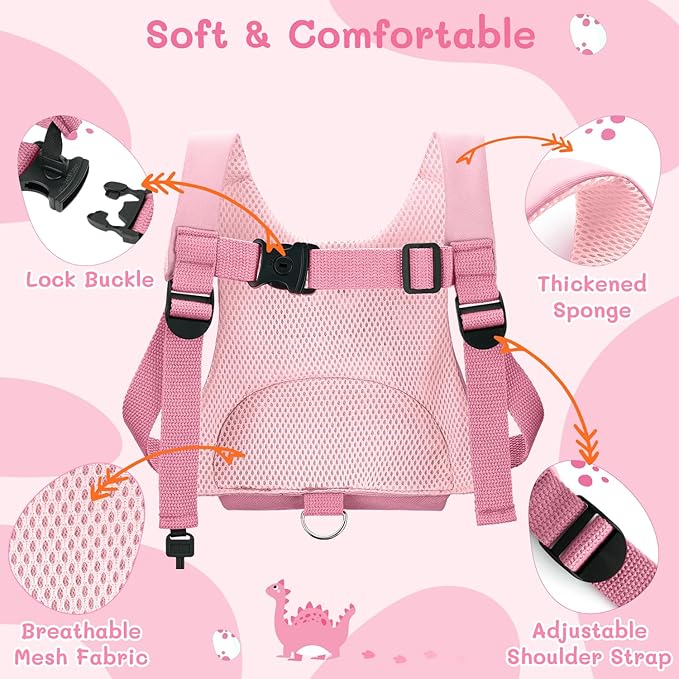 Dr.meter 3 in 1 Toddler Harness Leash + 8.2ft Anti Lost Wrist Link, Cute Dinosaur Kids Anti Lost Leash with Key Lock, Child Walking Harness for Parent Boys Girls Keep Kids Close, Travel Essensials