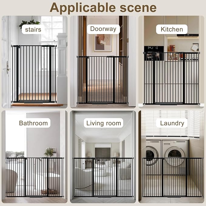WAOWAO 40.55" Extra Tall 1.37" Ultra Narrow Spacing 53.74-61.61" Extra Wide Dogs Pets Baby Gate Safety Indoor Puppy Pressure Mounted Gate No Drill Black Metal for Stairs,Doorways,Kitchen,Hallway