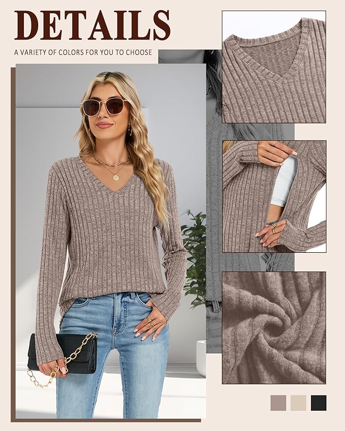 3 Pack Women's Maternity Nursing Tops, V Neck Breastfeeding Sweaters Long Sleeve Hidden Zipper Shirts