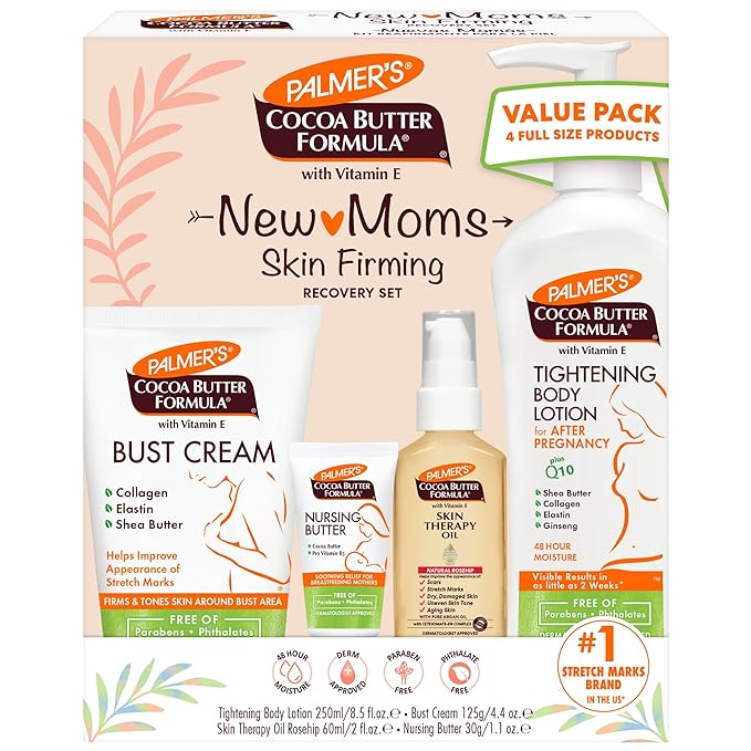 Palmer's Cocoa Butter Formula New Moms Skin Recovery Postpartum Essentials, Body Lotion (8.5 oz) + Nursing Butter (1.1 oz) + Bust Cream (4.4 oz) + Skin Therapy Oil (2 oz), Dermatologist Approved
