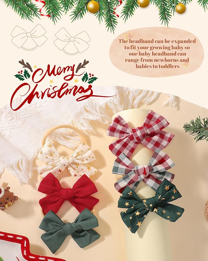 doboi 6PCS Christmas Baby Girls Headbands Hair Bows Star Nylon Cotton Linen Hairbands Fine Handmade Hair Accessories for Newborn Infant Toddlers Little Girls