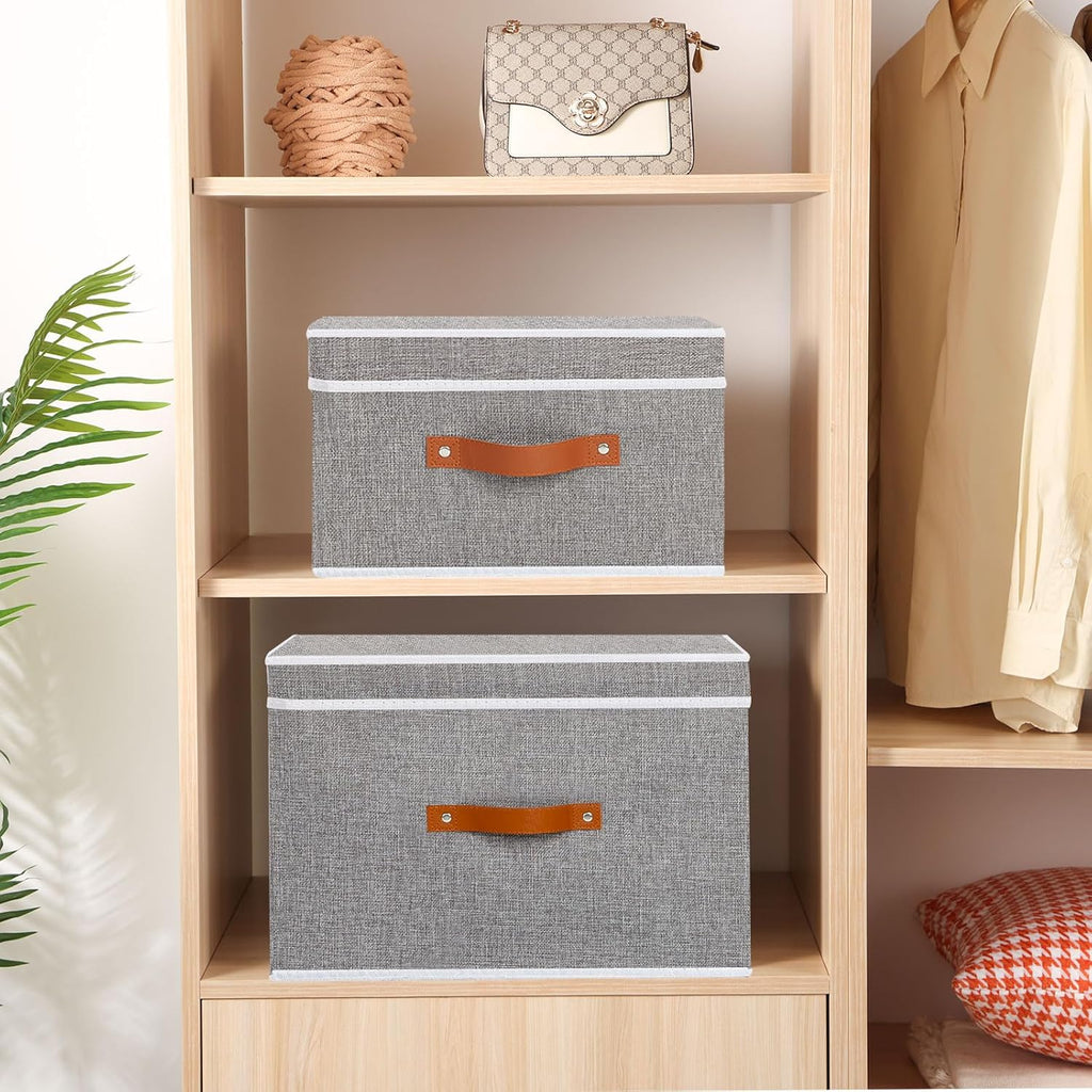 Fabric Storage Bins with Lids, Linen Foldable Clothes Boxes, Closet Organizer Containers with Double Handles, Baskets for Bedroom, Grey, 3 Pack, 13 x 9.1 x 7.9 Inch