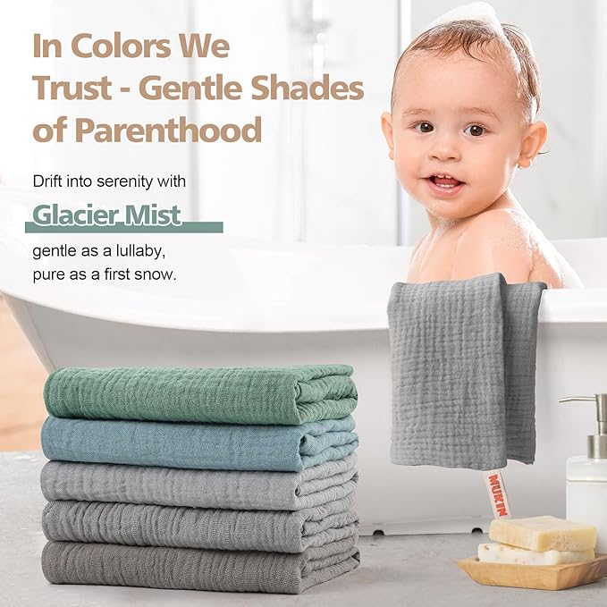 MUKIN Baby Washcloths,Muslin Burp Cloths Towels for Newborns,Absorbent Cotton Bath Face Towel ，5 Pack, 12x12 Inches (Coastal Calm)