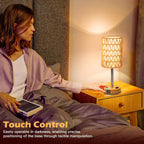 Rattan Table Lamps for Living Room, 3 Way Dimmable Touch Lamps, Small Bedside Lamps with LED Bulbs, Phone Stand, USB Ports and AC Outlet, Boho Nightstand Lamp for Bedroom Office (2 Pack Faux Wood)