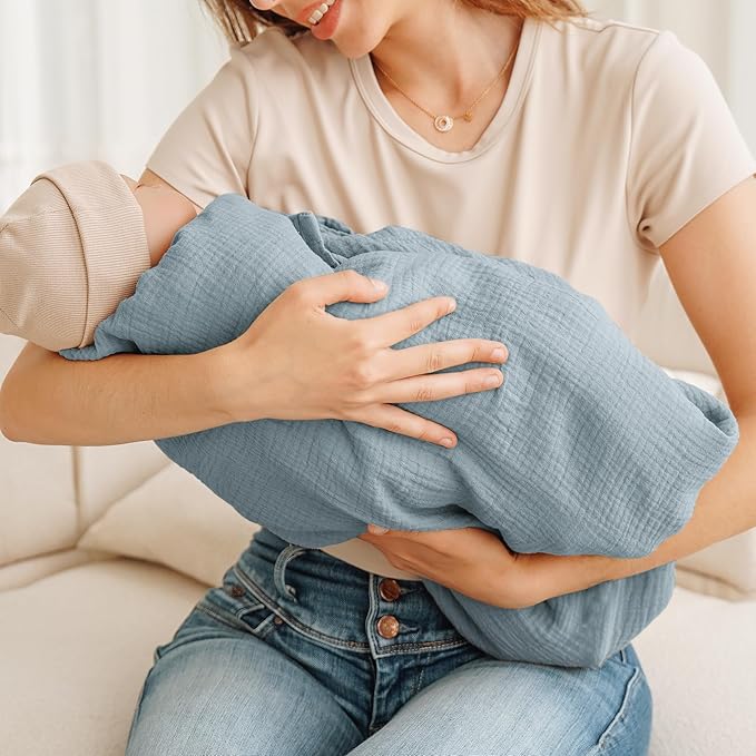 Konssy Muslin Nursing Cover for Breastfeeding, 360° Full Privacy Breathable 100% Cotton Breastfeeding Cover, Multi-use Carseat Canopy(Blue)