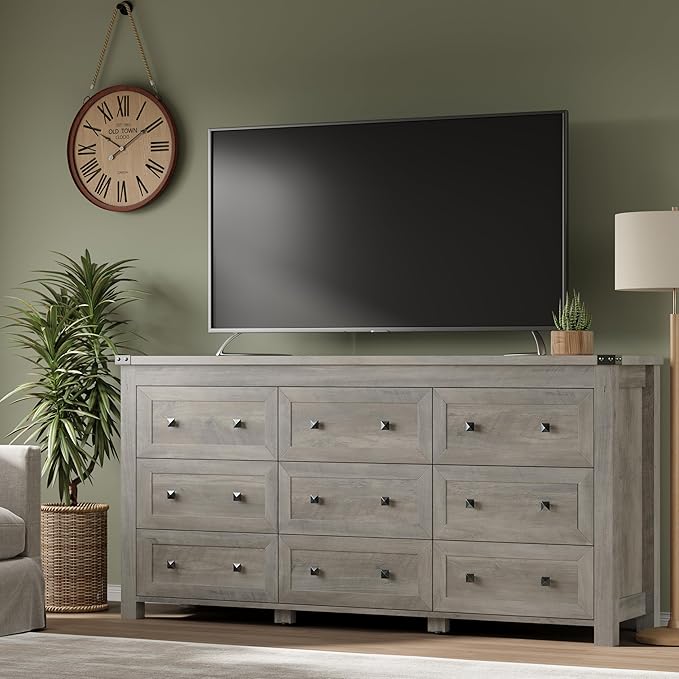 9-Drawer Dresser, Modern Wooden Storage Chest of Drawers, Dresser TV Stand, Wood Drawer Organizer with Metal Handles for Bedroom, Living Room, Hallway