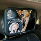 Large Shatterproof Baby Car Mirror, Backseat - Safety Car Seat Mirror for Baby Rear Facing, 360 Wide Crystal Clear View, Accessories for Removable Headrest, Easy Install & Adjustable (Sleek Black)