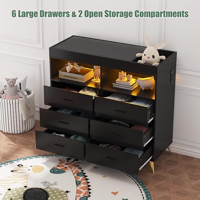 GarveeHome Dresser for Bedroom with 6 Drawers, Baby Changing Table Dresser with Changing Pad, LED Lights & Charging Station, Baby Changing Station with Changing Table Top (Black)