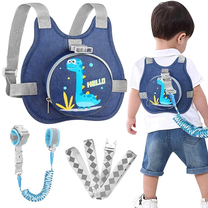 Accmor Toddler Safty Harness Leash, Cute Dinosaur Child Leashes + Reflective Anti Lost Wrist Link, Foldable Baby Walking Harness Pocket Kids Tether Protection for Boys Girls Aged 1-5 to Travel Outdoor